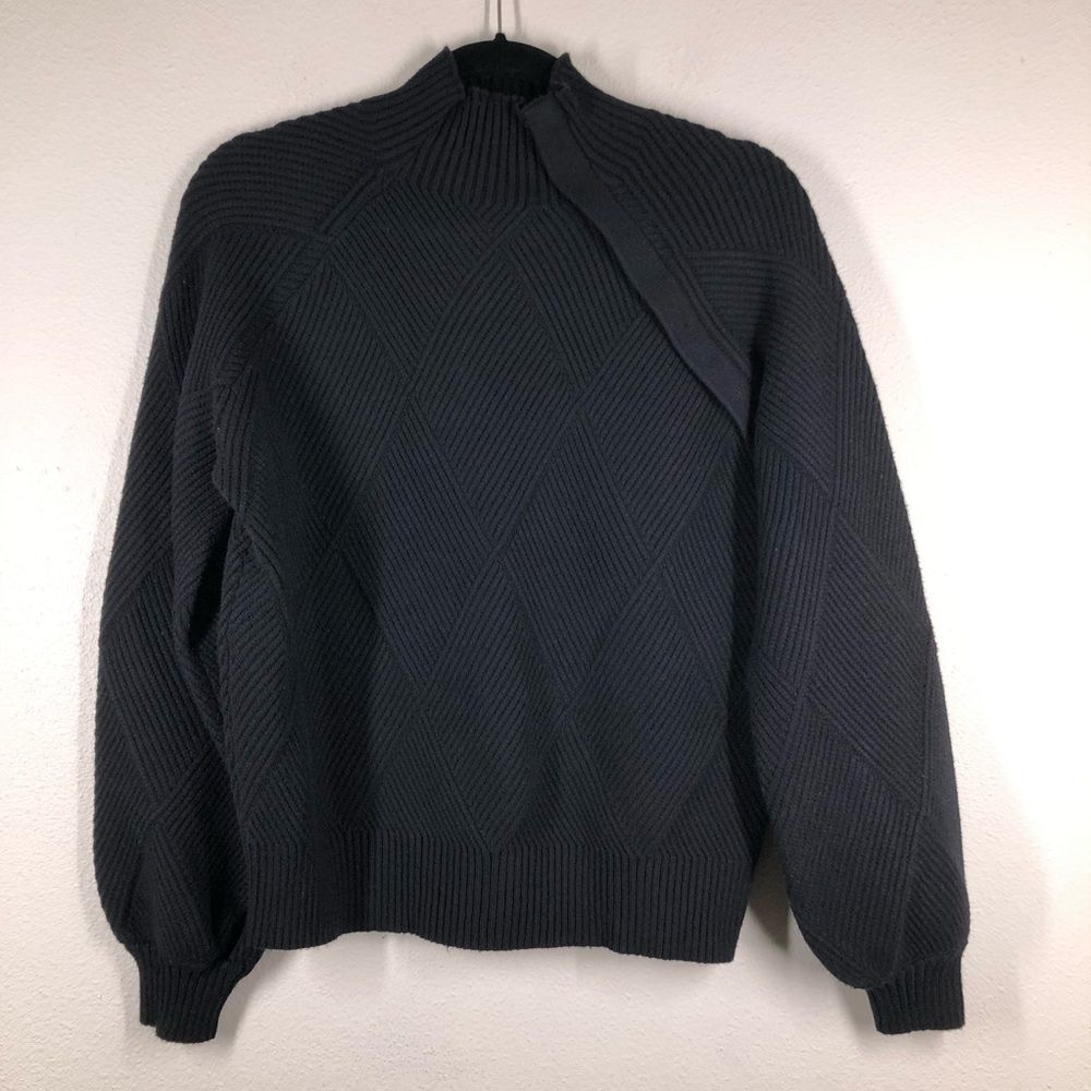 Line & Dot Black Diamond Ribbed Sweater Mock Neck Balloon Sleeves Size Medium